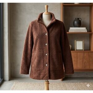 Susan Graver Weekend Brown Sherpa Fleece Teddy Jacket Button Front Pockets Small